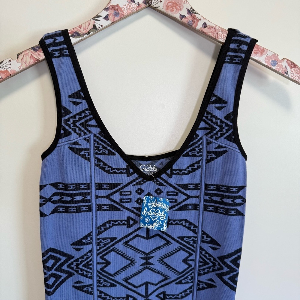 NWT FREE PEOPLE Blue Combo Stretchy Knit Body Con Aztec Dress! M/L Medium NEW - Picture 2 of 8